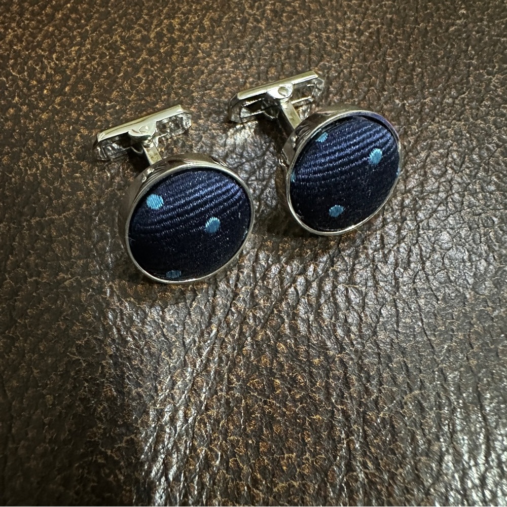 Trafalgar Fabric Cloth Cuff Links Navy Blue W/Light Blue‎ Polka Dots EUC